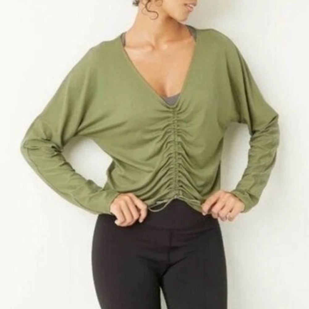 JoyLab Scrunch Top XS Olive Green Ruched V-Neck Long Sleeve Cropped Buttery Soft